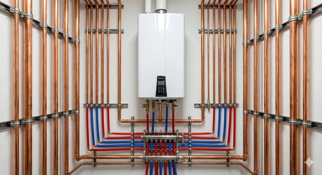 Installation de plomberie professionnelle avec tuyaux en cuivre